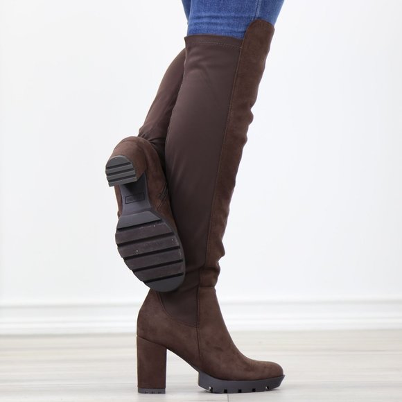 Brown Thigh High Over The Knee Lug Block Heel Boots Faux Suede Round Toe - Picture 8 of 16